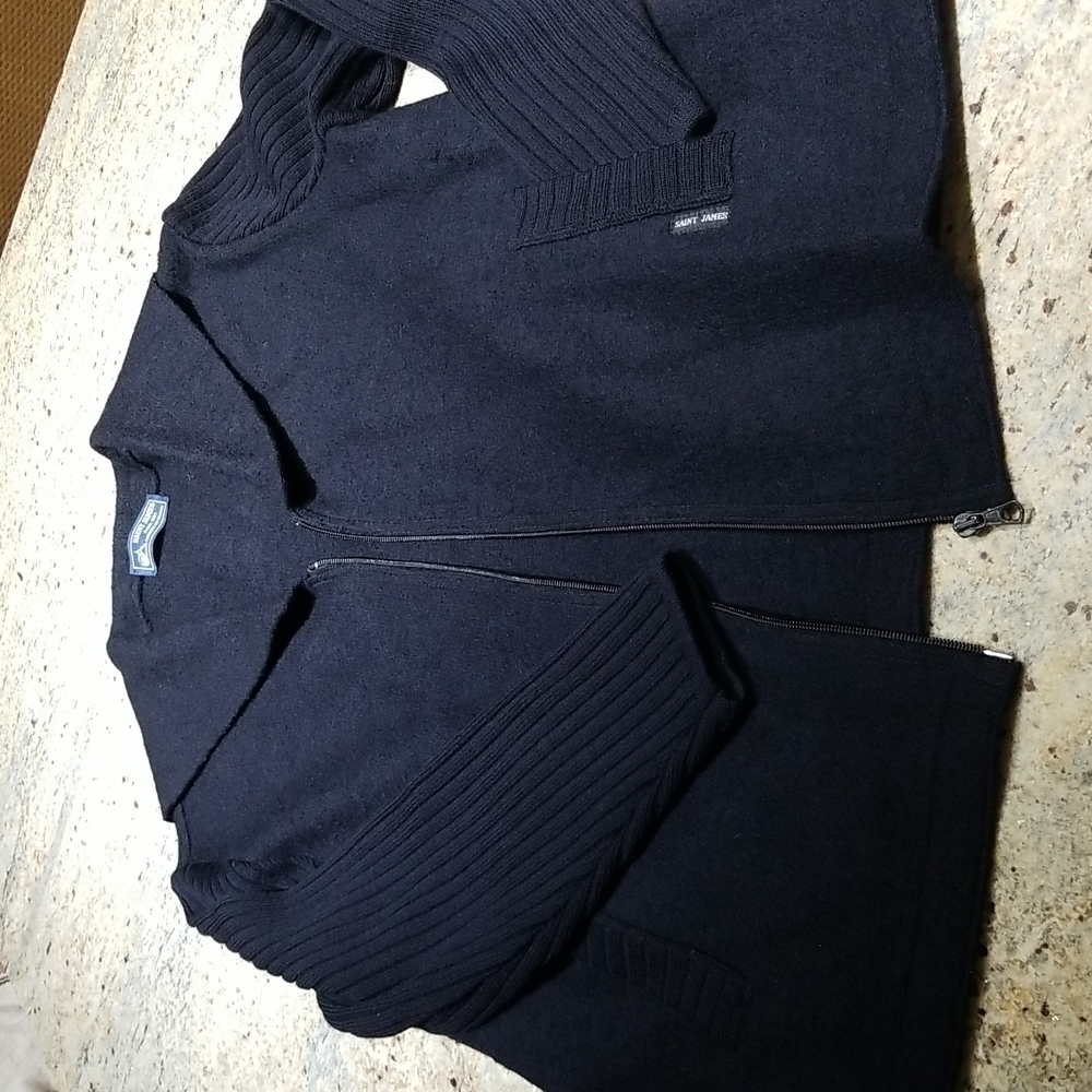 Saint James vintage black 100% wool zippered sweater, size 12, made in France